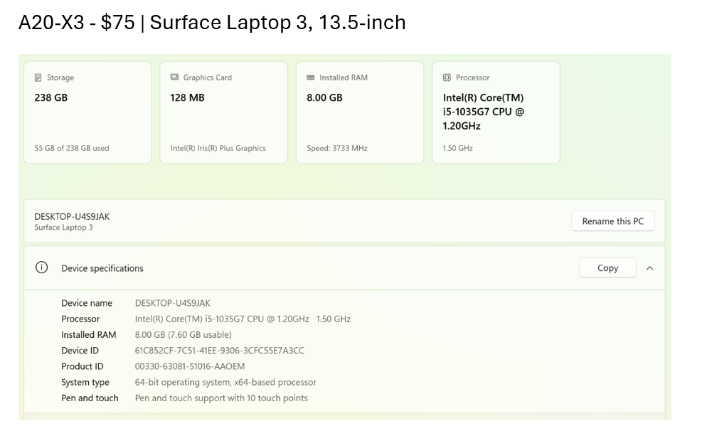 Surface Laptop 3, A20-X3