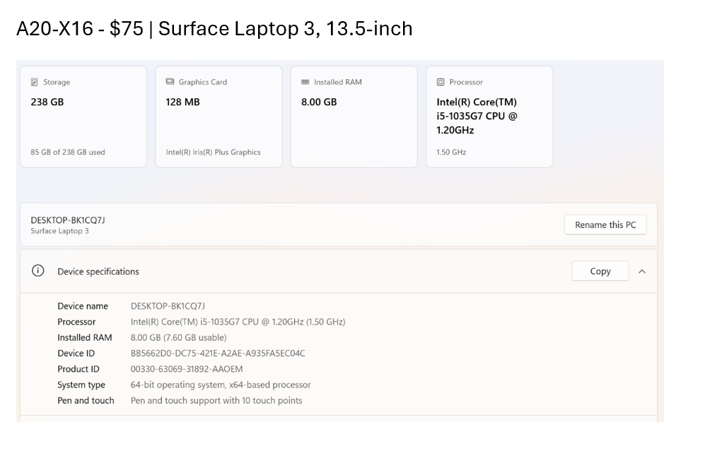 Surface Laptop 3, A20-X16