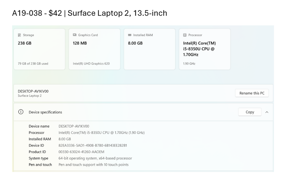 Surface Laptop 2, A19-038